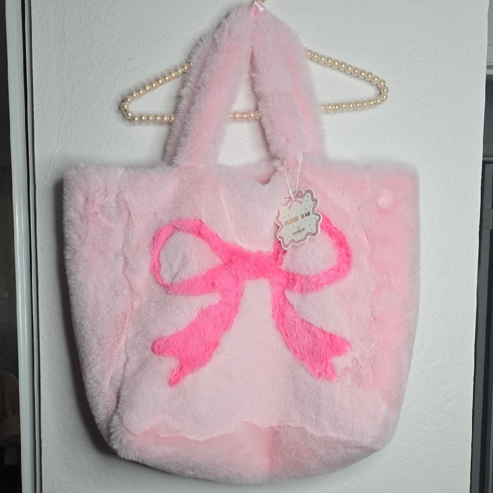 Baby Pink Faux Fur Tote Bag with Bow